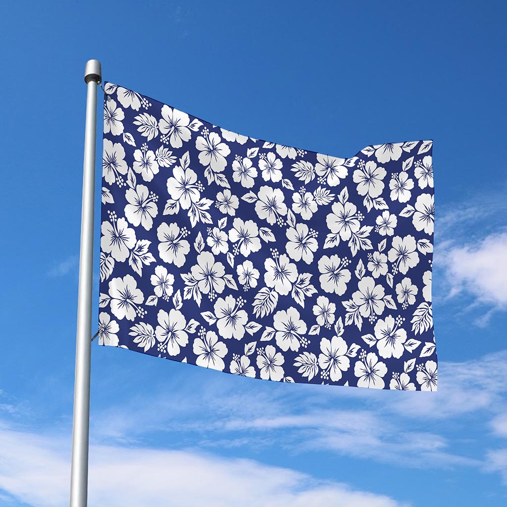 White Blue Hibiscus Floral Pattern Print Polyester Flag