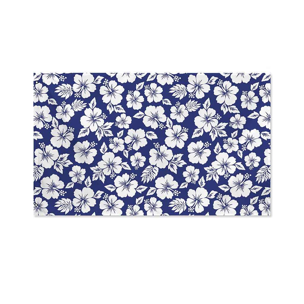 White Blue Hibiscus Floral Pattern Print Polyester Flag