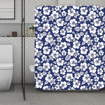White Blue Hibiscus Floral Pattern Print Polyester Shower Curtain