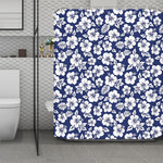White Blue Hibiscus Floral Pattern Print Polyester Shower Curtain