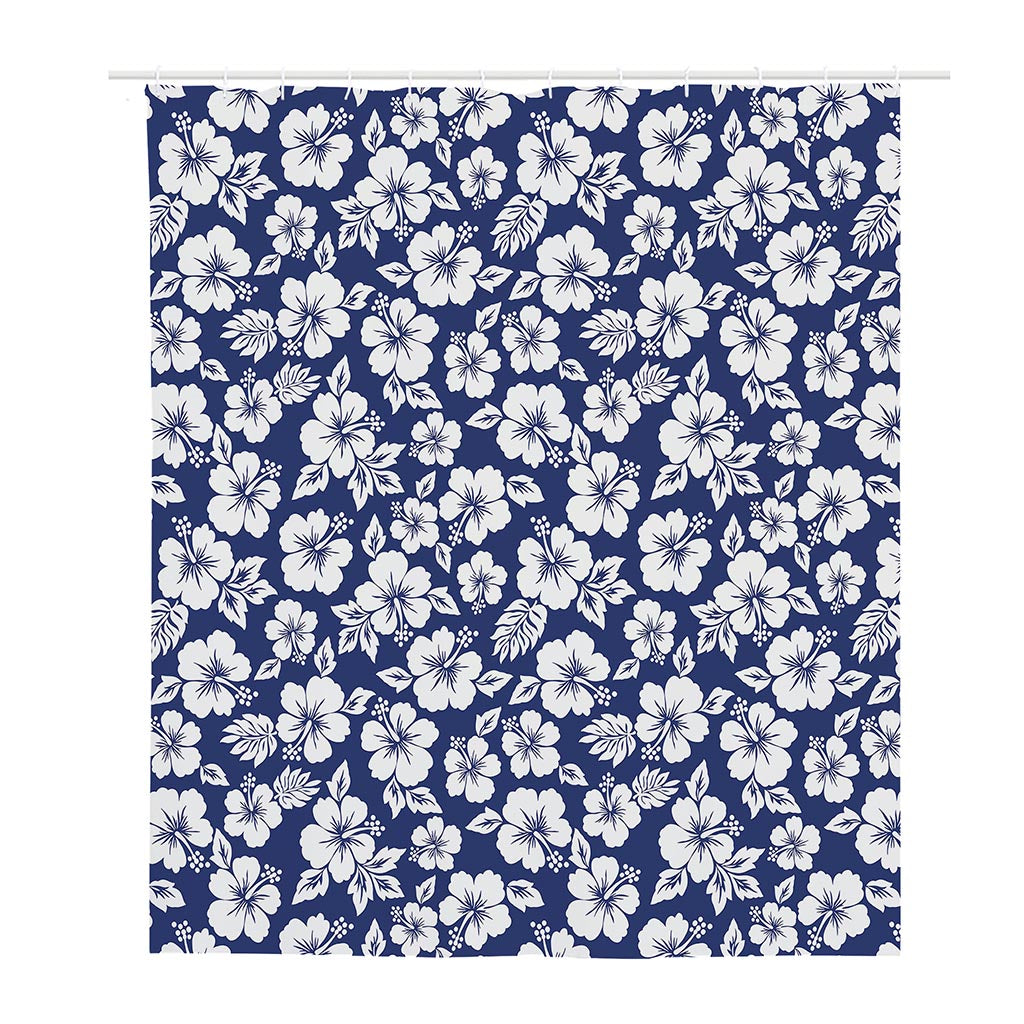 White Blue Hibiscus Floral Pattern Print Polyester Shower Curtain