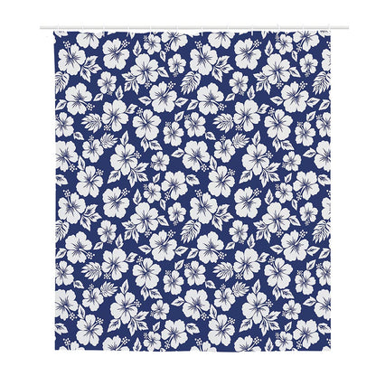 White Blue Hibiscus Floral Pattern Print Polyester Shower Curtain