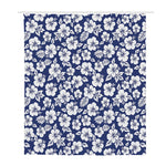 White Blue Hibiscus Floral Pattern Print Polyester Shower Curtain