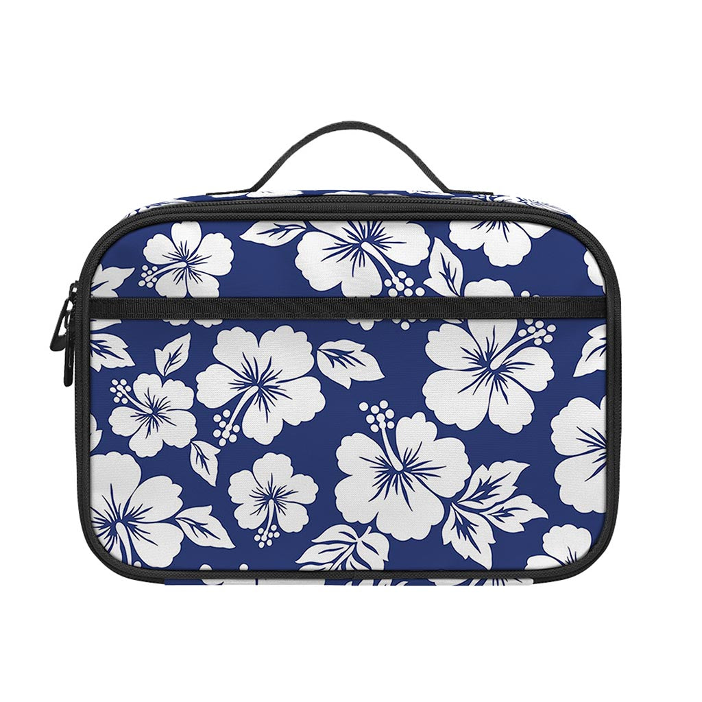 White Blue Hibiscus Floral Pattern Print Portable Lunch Bag