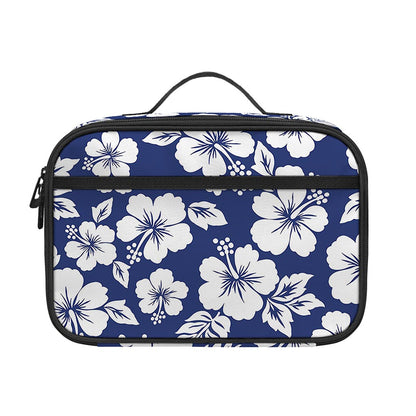 White Blue Hibiscus Floral Pattern Print Portable Lunch Bag