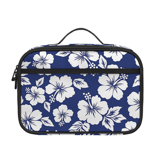 White Blue Hibiscus Floral Pattern Print Portable Lunch Bag
