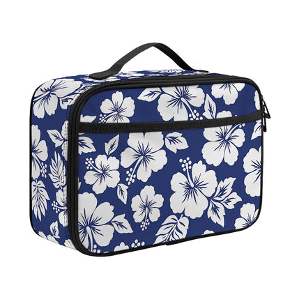 White Blue Hibiscus Floral Pattern Print Portable Lunch Bag