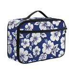White Blue Hibiscus Floral Pattern Print Portable Lunch Bag