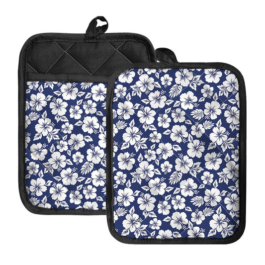 White Blue Hibiscus Floral Pattern Print Pot Holders With Pocket