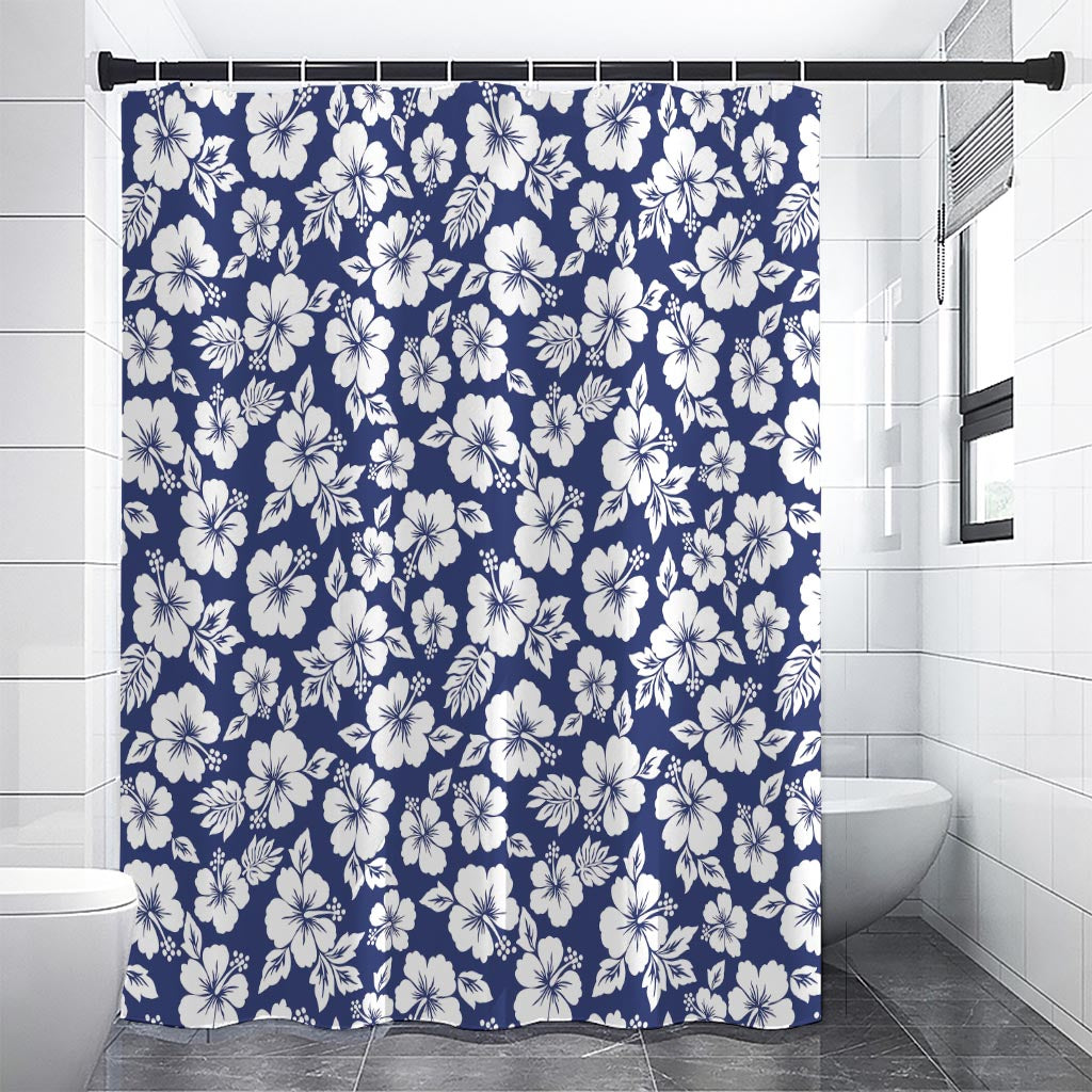 White Blue Hibiscus Floral Pattern Print Premium Shower Curtain