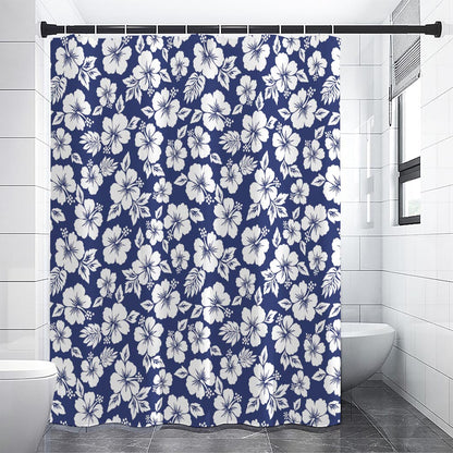 White Blue Hibiscus Floral Pattern Print Premium Shower Curtain