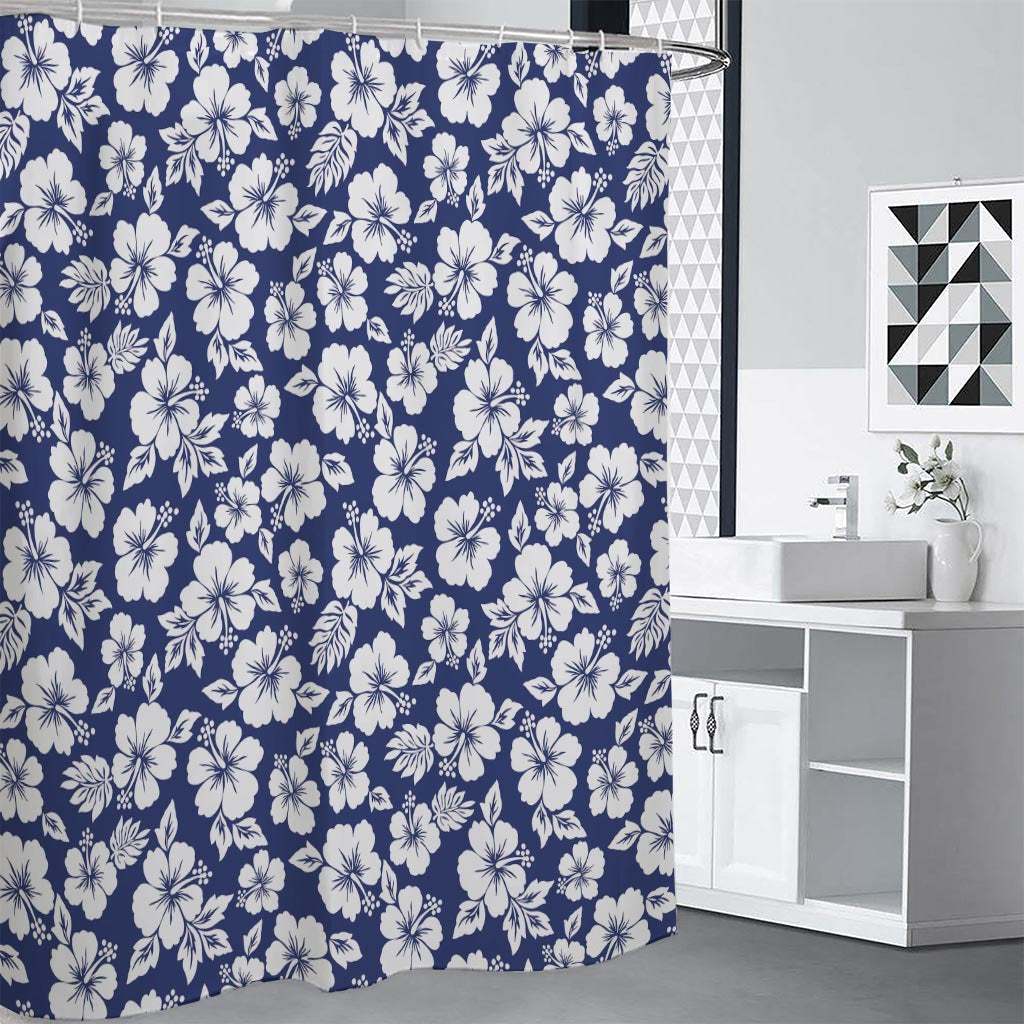 White Blue Hibiscus Floral Pattern Print Premium Shower Curtain