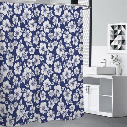 White Blue Hibiscus Floral Pattern Print Premium Shower Curtain