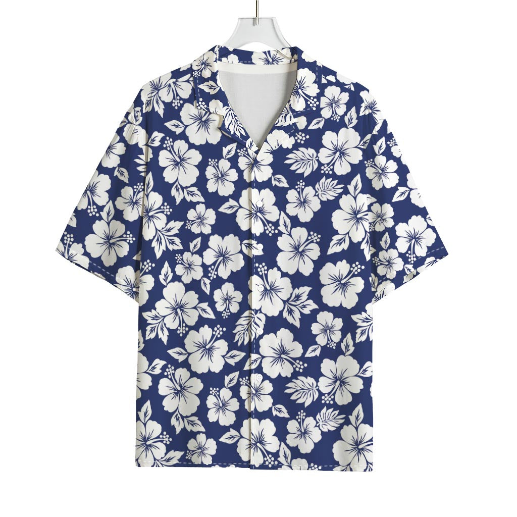 White Blue Hibiscus Floral Pattern Print Rayon Hawaiian Shirt