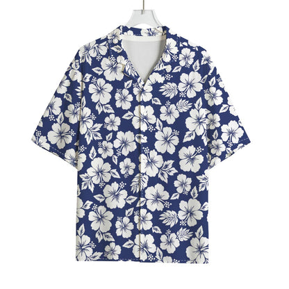 White Blue Hibiscus Floral Pattern Print Rayon Hawaiian Shirt