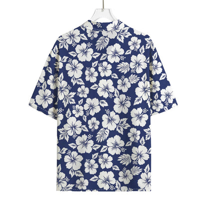 White Blue Hibiscus Floral Pattern Print Rayon Hawaiian Shirt