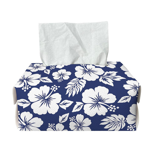 White Blue Hibiscus Floral Pattern Print Rectangle Tissue Box Cover