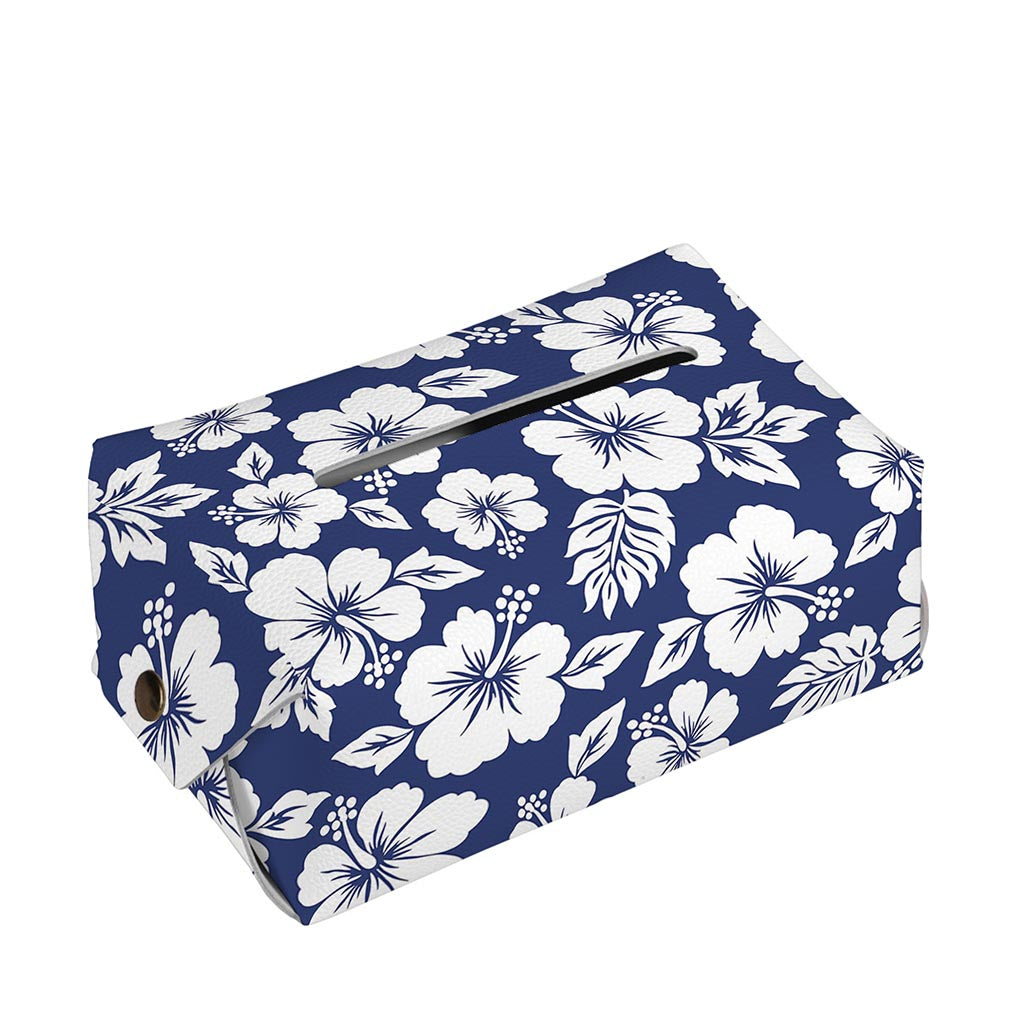White Blue Hibiscus Floral Pattern Print Rectangle Tissue Box Cover