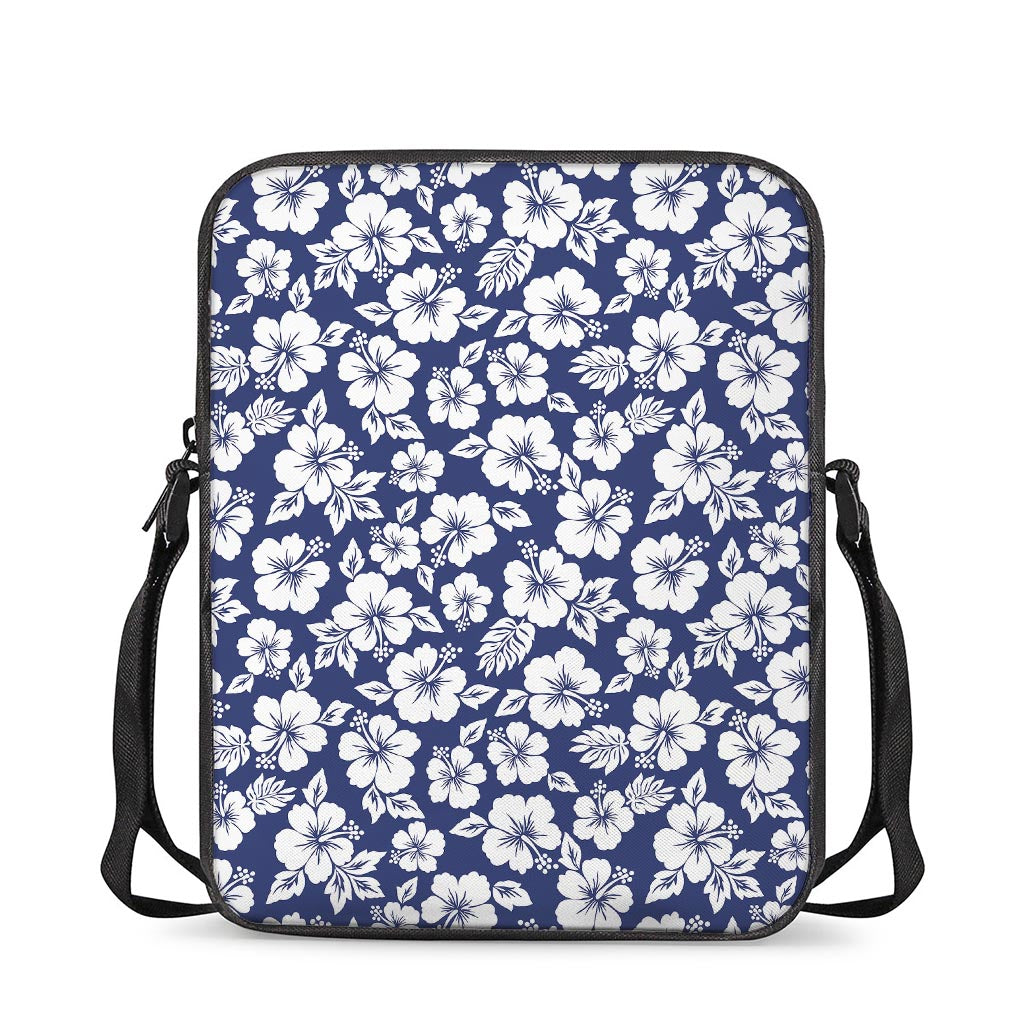 White Blue Hibiscus Floral Pattern Print Rectangular Crossbody Bag