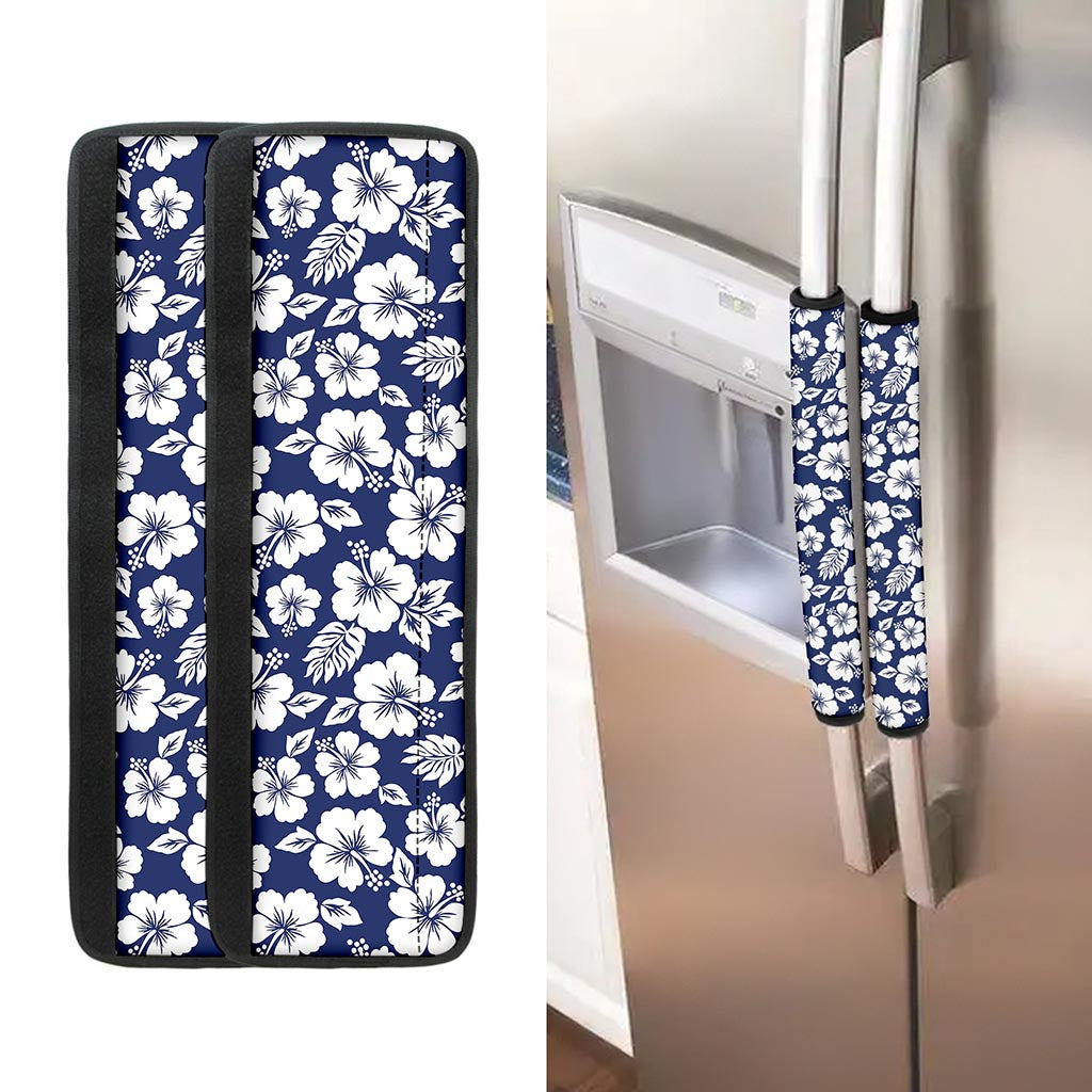 White Blue Hibiscus Floral Pattern Print Refrigerator Handle Covers