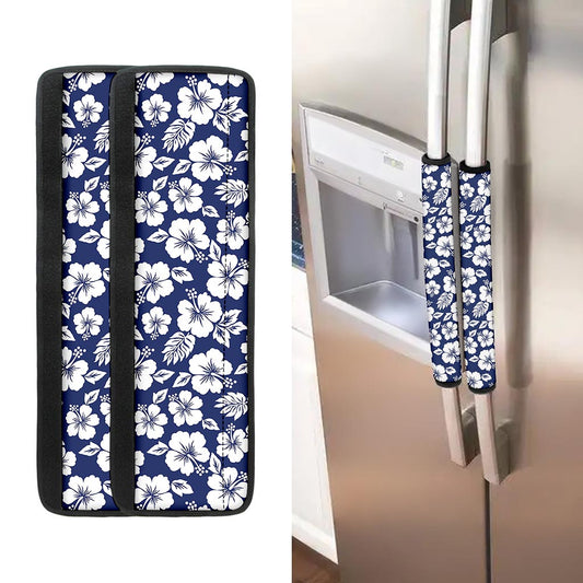 White Blue Hibiscus Floral Pattern Print Refrigerator Handle Covers
