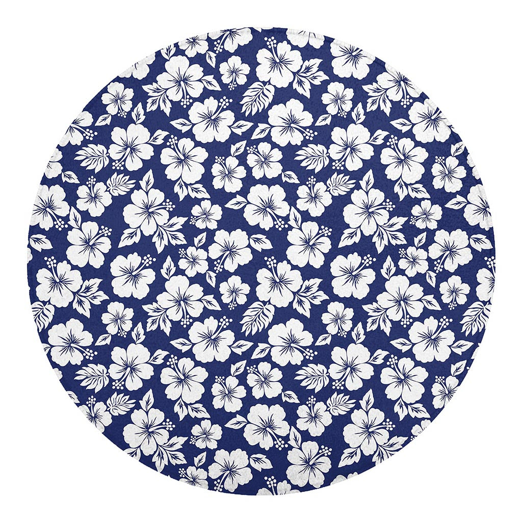 White Blue Hibiscus Floral Pattern Print Round Blanket