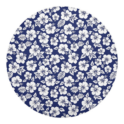 White Blue Hibiscus Floral Pattern Print Round Blanket
