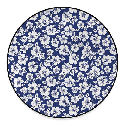 White Blue Hibiscus Floral Pattern Print Round Floor Mat