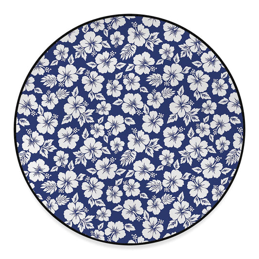 White Blue Hibiscus Floral Pattern Print Round Floor Mat