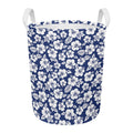 White Blue Hibiscus Floral Pattern Print Round Laundry Basket