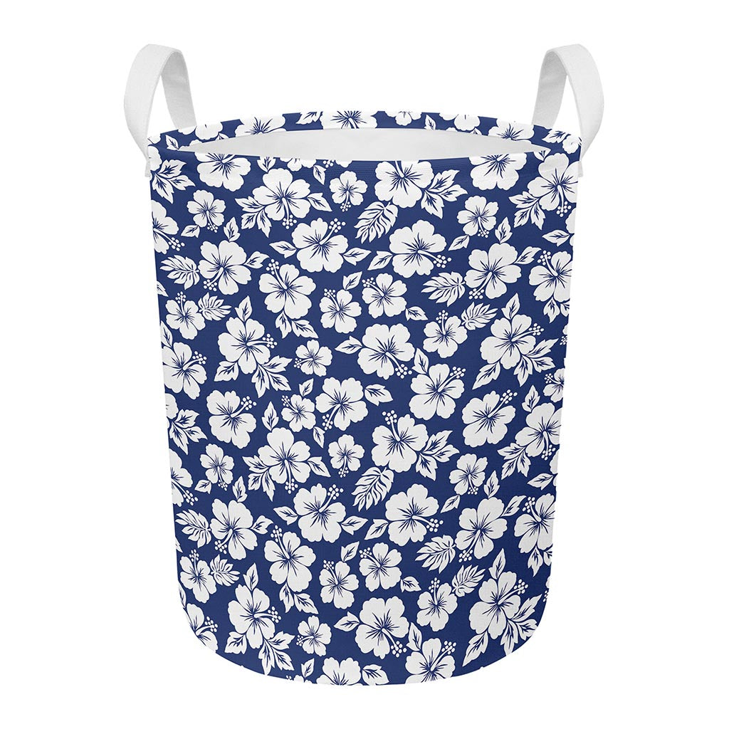 White Blue Hibiscus Floral Pattern Print Round Laundry Basket