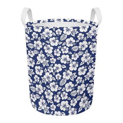 White Blue Hibiscus Floral Pattern Print Round Laundry Basket