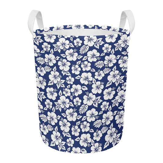 White Blue Hibiscus Floral Pattern Print Round Laundry Basket