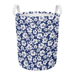 White Blue Hibiscus Floral Pattern Print Round Laundry Basket