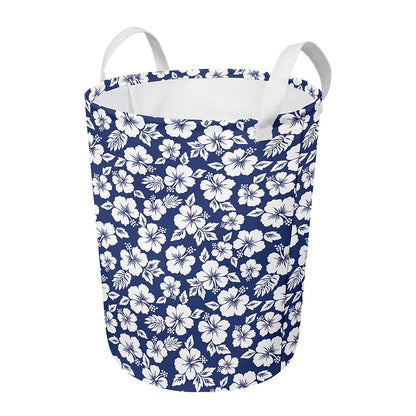 White Blue Hibiscus Floral Pattern Print Round Laundry Basket