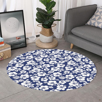 White Blue Hibiscus Floral Pattern Print Round Rug