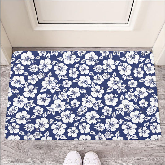 White Blue Hibiscus Floral Pattern Print Rubber Doormat