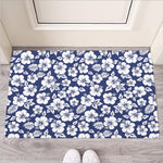 White Blue Hibiscus Floral Pattern Print Rubber Doormat