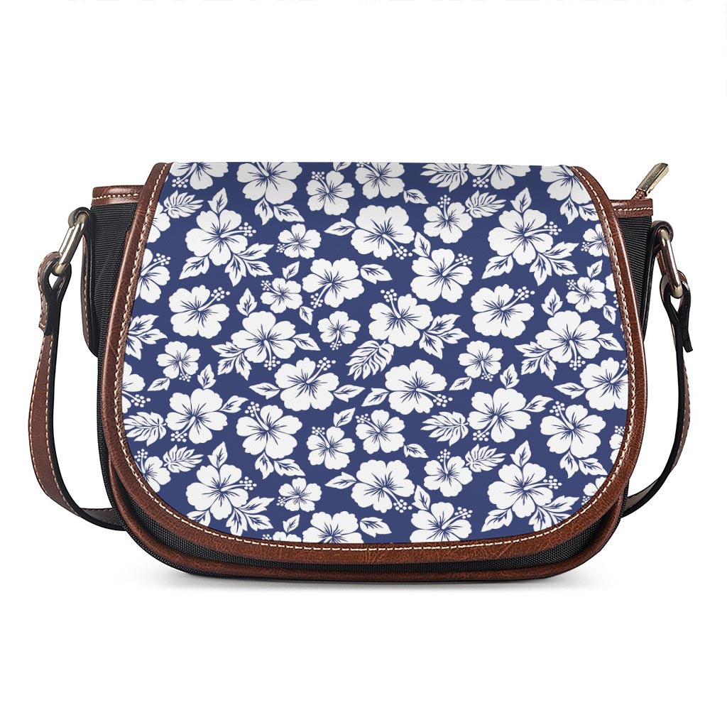 White Blue Hibiscus Floral Pattern Print Saddle Bag