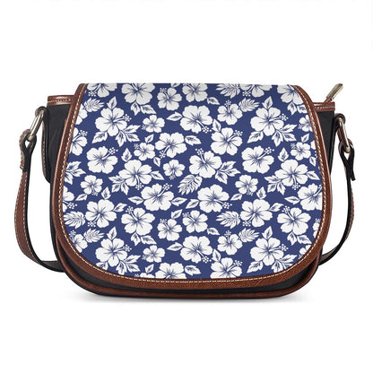 White Blue Hibiscus Floral Pattern Print Saddle Bag