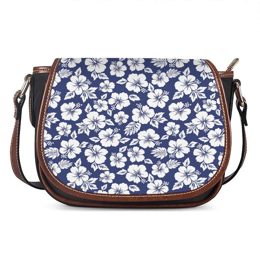 White Blue Hibiscus Floral Pattern Print Saddle Bag