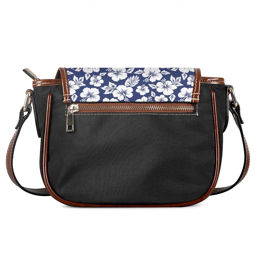 White Blue Hibiscus Floral Pattern Print Saddle Bag