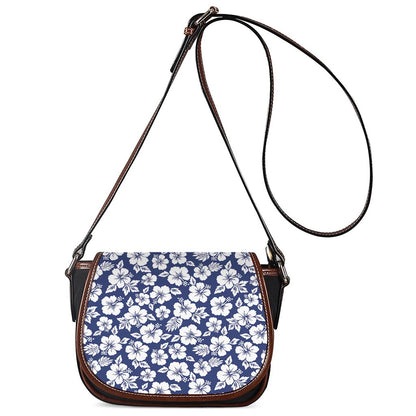 White Blue Hibiscus Floral Pattern Print Saddle Bag