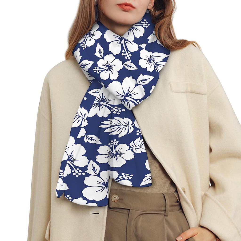 White Blue Hibiscus Floral Pattern Print Scarf