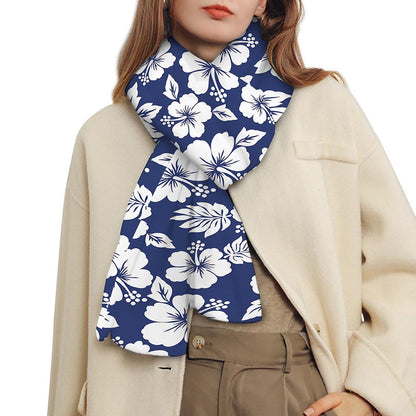 White Blue Hibiscus Floral Pattern Print Scarf