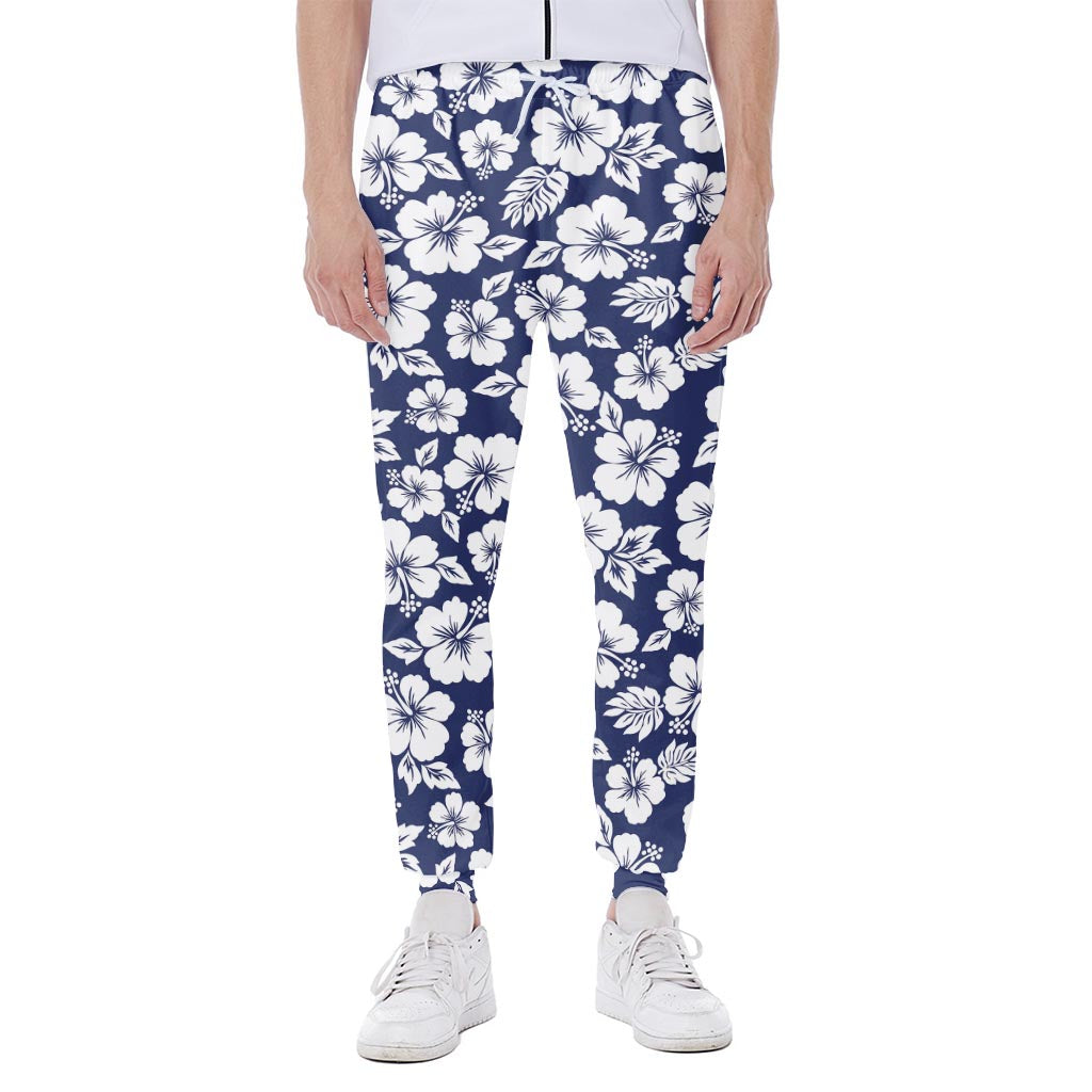 White Blue Hibiscus Floral Pattern Print Scuba Joggers