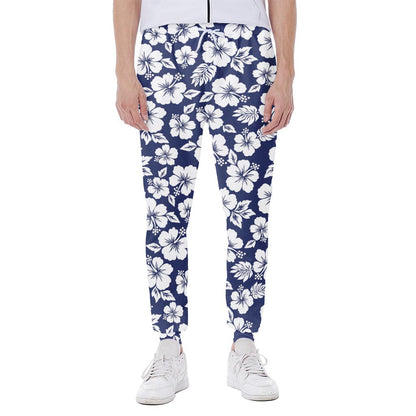 White Blue Hibiscus Floral Pattern Print Scuba Joggers