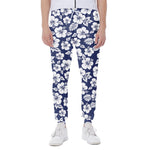 White Blue Hibiscus Floral Pattern Print Scuba Joggers