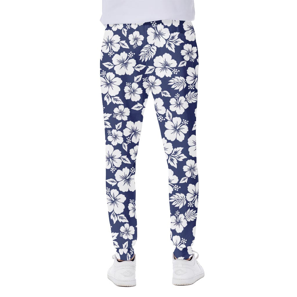 White Blue Hibiscus Floral Pattern Print Scuba Joggers