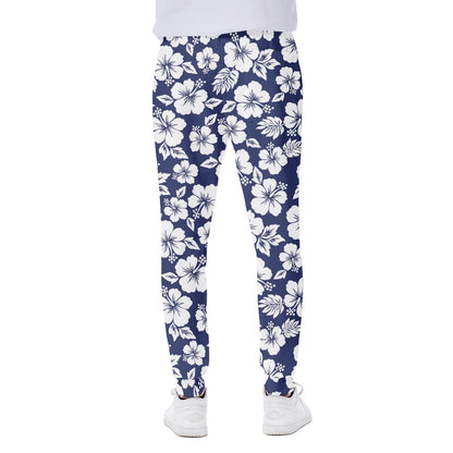 White Blue Hibiscus Floral Pattern Print Scuba Joggers
